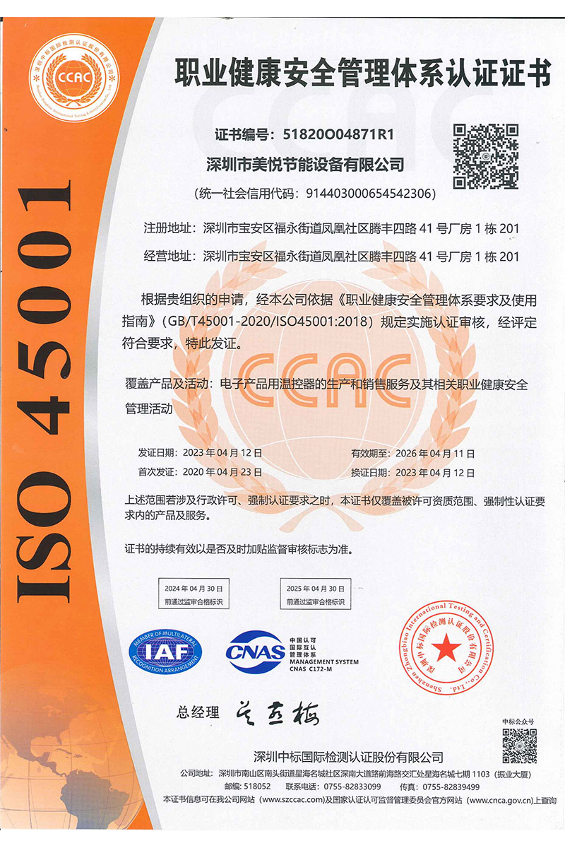 ISO45001职业证书中文版